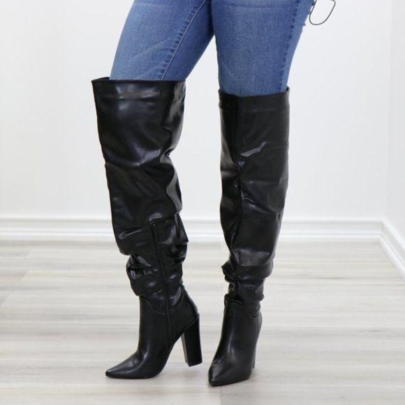 Black Synthetic Leather Thigh High Trendy Boots - Picture 4 of 16